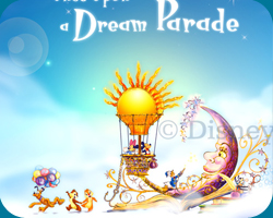 De concept art van de Once Upon a Dream Parade die door Disney is vrijgegeven. Op de eerste float staan Mickey & Minnie in hun luchtballon die hoog in de wolken rijkt, omringt door hun beste disneyvrienden.