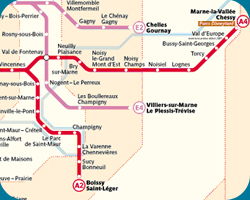 Gedeelte van de RER plattegrond. De rode lijn is de lijn die gaat van Parijs richting Marne-La-Valle en weer terug