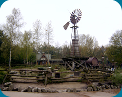 Foto naast Critter Corral met de windmolen en hanen op de achtergrond. Links is de ingang van het Chaparral Theater.