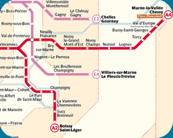 Gedeelte van de RER plattegrond. De rode lijn is de lijn die gaat van Parijs richting Marne-La-Valle en weer terug